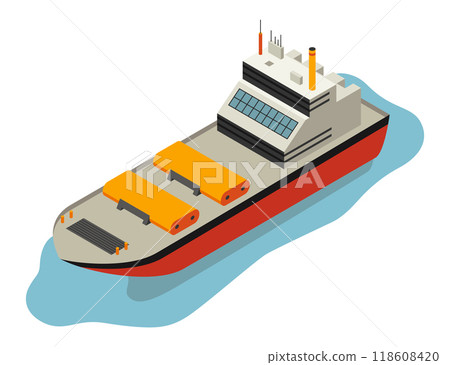 Isometric Vector Illustration of a Cargo Ship Floating on Water, representing Marine Transportation Isometric Vector Illustration of a Cargo Ship Floating on Water, representing Marine Transportation 118608420