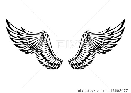 Wings sketch. Stylized birds wings. Hand drawn contoured stiker wing in open position. Vector design elements in coloring style 118608477