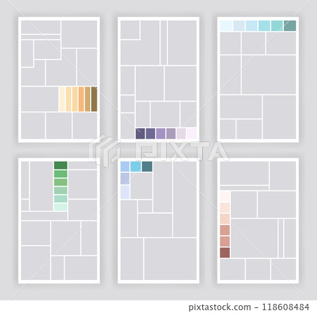 Photo collage template set. Album brandboard, set portfolio images. Mood board backgrounds. Mosaic picture frames. Gallery banners. Vector illustration 118608484