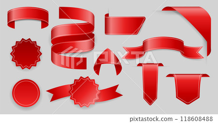 Corners and ribbons icon set. Product red banner, price shopping tags. Promotion sale badges, special offer stickers. Discount and price offer concept. Vector sticker blank templates Corners and ribbons icon set. Product red banner, price shopping tags. Promotion sale badges, special offer stickers. Discount and price offer concept. Vector sticker blank templates 118608488