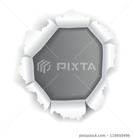 Paper hole of gray torn paper. Torn sides over dark paper background with space for text. Realistic torn paper template Paper hole of gray torn paper. Torn sides over dark paper background with space for text. Realistic torn paper template 118608496