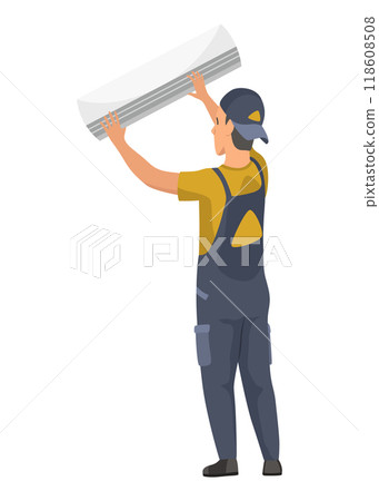 Air conditioner service technician working, flat vector illustration isolated on white background. Cooling system repair, cleaning, maintenance and installation. Air conditioner service technician working, flat vector illustration isolated on white background. Cooling system repair, cleaning, maintenance and installation. 118608508