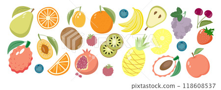 Set of fruits and berries, organic vitamins and healthy food. On a white background. Sticker collection. Set of fruits and berries, organic vitamins and healthy food. On a white background. Sticker collection. 118608537