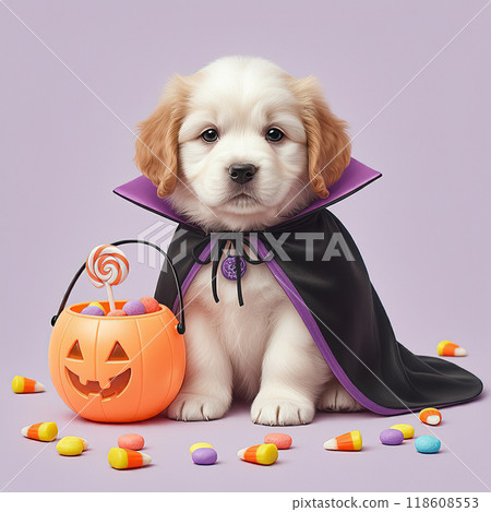 Adorable Puppy in Halloween Cape with Pumpkin Candy Bucket Adorable Puppy in Halloween Cape with Pumpkin Candy Bucket 118608553