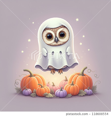 Cute Owl in Ghost Costume Floating Above Pumpkins in Halloween Scene 118608554