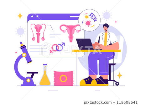 Venereologist Vector Illustration of Diagnosis for Dermatological Diseases, Sexually Transmitted Infections, and Bacterial Infections in a Background Venereologist Vector Illustration of Diagnosis for Dermatological Diseases, Sexually Transmitted Infections, and Bacterial Infections in a Background 118608641