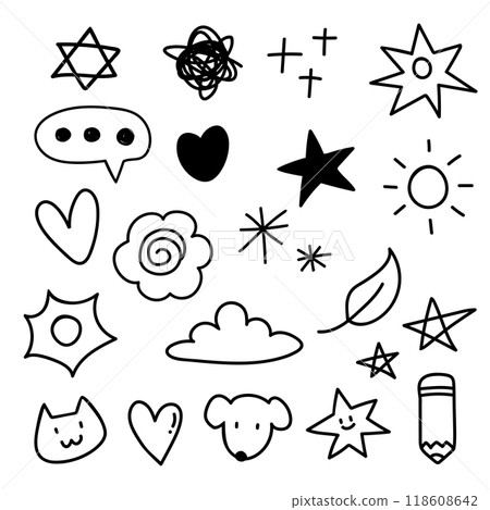 Doodle hand drawn cartoon. Element of star, sparkle, flower, sun and heart Doodle hand drawn cartoon. Element of star, sparkle, flower, sun and heart 118608642