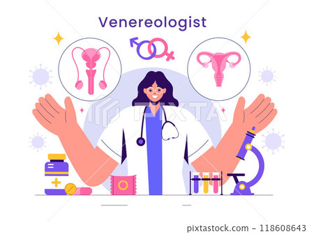 Venereologist Vector Illustration of Diagnosis for Dermatological Diseases, Sexually Transmitted Infections, and Bacterial Infections in a Background Venereologist Vector Illustration of Diagnosis for Dermatological Diseases, Sexually Transmitted Infections, and Bacterial Infections in a Background 118608643