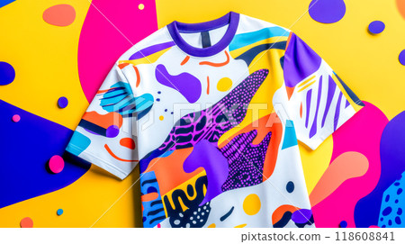 White t shirt with abstract colorful design over colorful background White t shirt with abstract colorful design over colorful background 118608841
