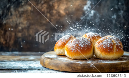 Freshly baked bread rolls being dusted with icing sugar on wooden board 118608843