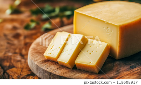 Block of cheese being sliced on wooden cutting board 118608917