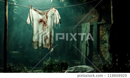 Bloody shirt hanging on clothesline in abandoned building 118608920