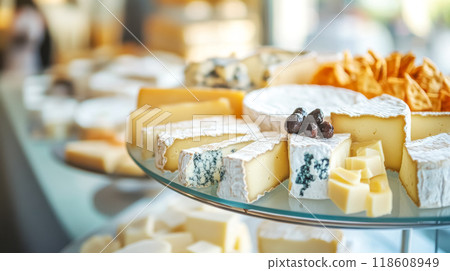 Different types of cheese displayed on glass plate at buffet Different types of cheese displayed on glass plate at buffet 118608949