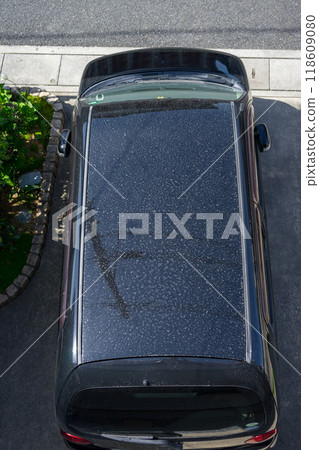 A bird's-eye view of the dirt on the roof of a car parked in a detached parking lot A bird's-eye view of the dirt on the roof of a car parked in a detached parking lot 118609080