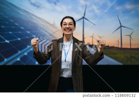 woman is talking about renewable energy woman is talking about renewable energy 118609132