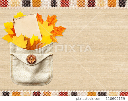 Autumn special offer sale. Blank organic paper price label and autumn leaves in pocket  on natural linen texture. Eco-friendly paper sale tag in pocket. Ecology, zero waste, responsible consumption 118609159