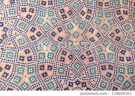 Vertical or horizontal background with detail of ancient mosaic walls with clay details and geometric ceramic tile ornament. Traditional iranian tile decorations Vertical or horizontal background with detail of ancient mosaic walls with clay details and geometric ceramic tile ornament. Traditional iranian tile decorations 118609161