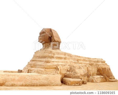 Famous Great Sphinx, Cairo, Egypt. Ancient statue of Sphinx, mythical creature with head of man and body of a lion, Giza pyramid complex (Giza Necropolis). Isolated on white background Famous Great Sphinx, Cairo, Egypt. Ancient statue of Sphinx, mythical creature with head of man and body of a lion, Giza pyramid complex (Giza Necropolis). Isolated on white background 118609165