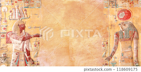 Horizontal background with ancient Egyptian Colorful Mural Wall Painting, Egypt, Africa. Backdrop with figure of the pharaoh and god Horus. Mock up template. Copy space for text Horizontal background with ancient Egyptian Colorful Mural Wall Painting, Egypt, Africa. Backdrop with figure of the pharaoh and god Horus. Mock up template. Copy space for text 118609175