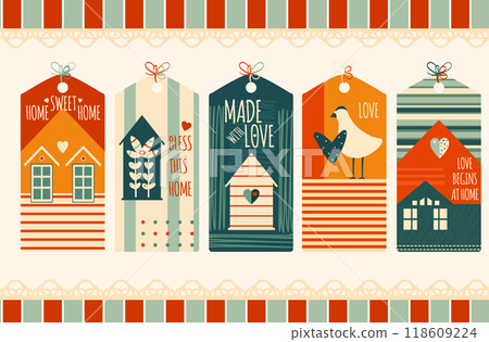 Home sweet home. Set of cute tag in retro style. Collection of vintage label in nostalgic style. Can be used for scrapbooking, greeting card, party invitation, poster, tag, sticker kit. Vector EPS8 118609224
