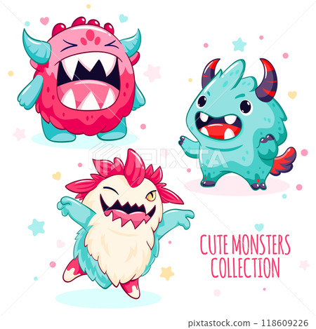 Set of kawaii characters. Little monsters in various poses. Collection of funny happy baby monster. Cute fairytale collection. Vector illustration EPS8 118609226