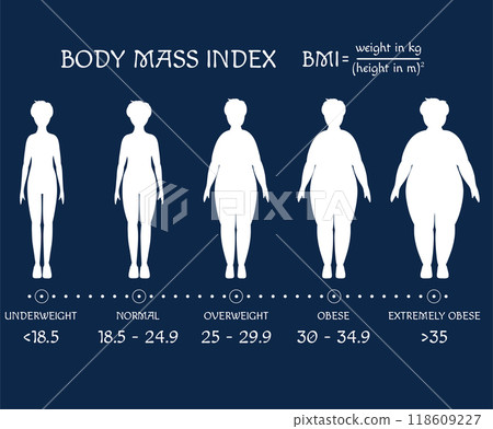 BMI concept. Body shapes from underweight to extremely obese. Weight loss. Silhouettes with different obesity degrees. Human icons show process of losing weight. Slimming stages. Vector EPS8 118609227