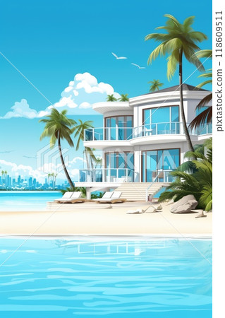 luxury villa with pool on tropical beach illustration 118609511
