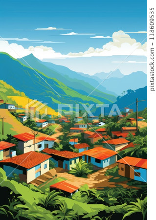 mediterranean village landscape in summer illustration mediterranean village landscape in summer illustration 118609535