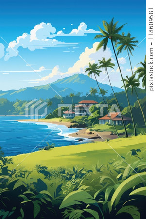 wooden bungalow on beautiful tropical beach illustration 118609581