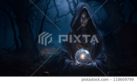 Witch cast a spell with a magical crystal ball, Generative AI Witch cast a spell with a magical crystal ball, Generative AI 118609799