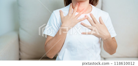 Gastroesophageal Reflux Disease or GERD, Acid reflux disease, Gastro Oesophageal or GORD and Dyspepsia concept. woman having Stomach ache and Esophageal pain due to Digestion system problem 118610012