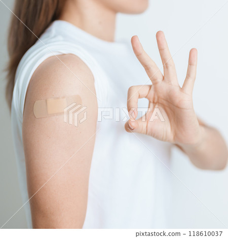 Woman with bandage after receiving vaccine. Vaccination and Immunization for Influenza, HPV, Zoster, IPD, DTP or Diphtheria, Tetanus and Pertussis, MMR, Hepatitis B, Covid  and Varicella vaccine 118610037