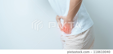 Woman having Stomach pain. Ovarian and Cervical cancer, Cervix disorder, Endometriosis, Hysterectomy, Uterine fibroids, Reproductive system, menstruation, diarrhea and Pregnancy concept 118610040