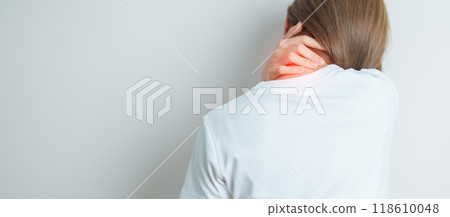 Woman having Neck and Shoulder pain at home. Muscle painful due to Myofascial pain syndrome and Fibromyalgia, rheumatism, Scapular pain, Cervical Spine. ergonomic concept Woman having Neck and Shoulder pain at home. Muscle painful due to Myofascial pain syndrome and Fibromyalgia, rheumatism, Scapular pain, Cervical Spine. ergonomic concept 118610048