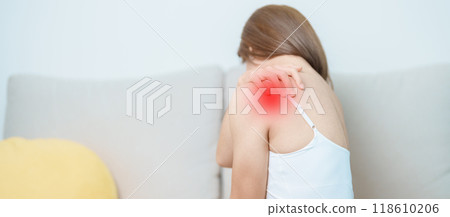 Woman having Shoulder and Neck pain at home. Muscle painful due to Myofascial pain syndrome and Fibromyalgia, rheumatism, Scapular pain, Cervical Spine. ergonomic concept Woman having Shoulder and Neck pain at home. Muscle painful due to Myofascial pain syndrome and Fibromyalgia, rheumatism, Scapular pain, Cervical Spine. ergonomic concept 118610206