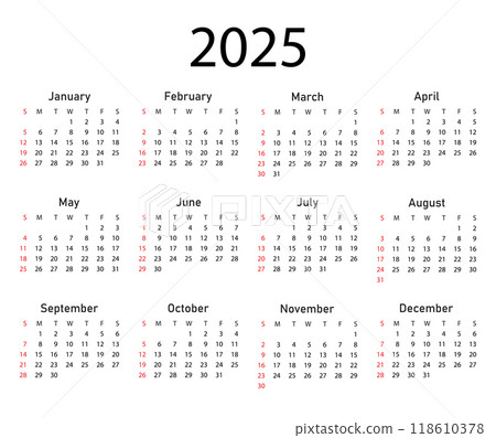 Calendar 2025 year. The week starts on Sunday. 118610378