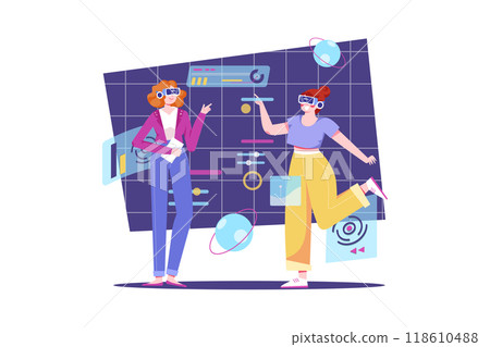 People experiencing metaverse ecosystem Illustration concept. Flat illustration isolated on white background People experiencing metaverse ecosystem Illustration concept. Flat illustration isolated on white background 118610488