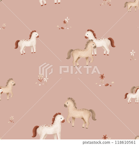 Seamless pattern with cute horse and flowers and stones in minimalist scandinavian style. Cartoon animals for children's design . Hand drawn illustration of beige and grey horse with maroon mane. 118610561