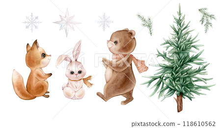 Watercolor illustration set of cute Christmas forest animals: bear and fox and hare with winter scarves, snowflakes. Hand drawn of bunny and teddy with fir tree in pastel warm colors on isolated. Watercolor illustration set of cute Christmas forest animals: bear and fox and hare with winter scarves, snowflakes. Hand drawn of bunny and teddy with fir tree in pastel warm colors on isolated. 118610562