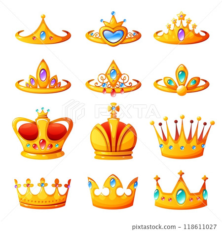 Cartoon crowns and tiaras. Royal power symbols, gold headdresses with jewelry and diamonds, medieval king, queen and princess accessories, coronation symbol, vector isolated on white set 118611027