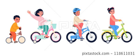 Funny kids riding bicycles. Cute smiling girls and boys on childish color bikes, happy little cyclists, active sports games, children on transport, cartoon flat style isolated vector set 118611031