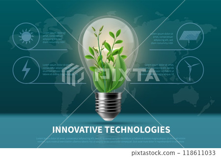 Light bulb plant. Green renewable bio energy, wind and sun. Environmental alternative sources, eco friendly banner design, poster and flyer, recycle cover, vector innovate technologies concept 118611033