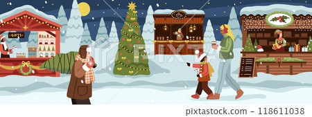 People at christmas market. Holiday shops with xmas gifts, souvenirs and sweets, winter season bazaar, happy children and parents, cartoon flat style isolated panorama tidy vector concept 118611038