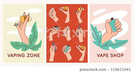 Vape pens cards. Male and female hands holding electronic cigarettes, tobacco smoking simulation, bad habit, modern gadgets, nargile shop posters, cartoon flat isolated illustration vector set Vape pens cards. Male and female hands holding electronic cigarettes, tobacco smoking simulation, bad habit, modern gadgets, nargile shop posters, cartoon flat isolated illustration vector set 118611041