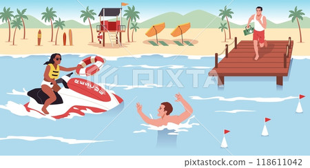 Water rescuers rush to aid of drowning man. Sea lifeguards work, woman on jet ski with lifebuoy, man with first aid kit, professional emergency characters working, tidy vector concept 118611042