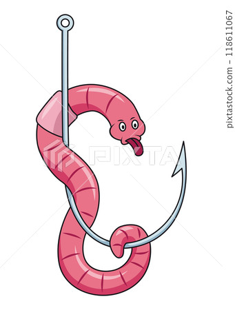 Cute worm character on hook. Fishing leisure icon. Funny symbol on fishing hook in cartoon style. Vector illustration Cute worm character on hook. Fishing leisure icon. Funny symbol on fishing hook in cartoon style. Vector illustration 118611067