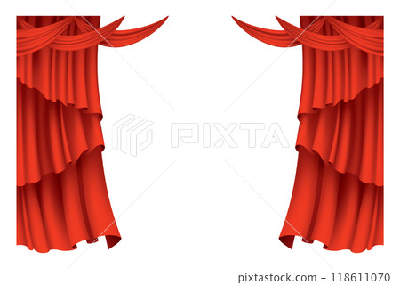 Red curtains realistic. Theater fabric silk decoration for movie cinema or opera hall. Curtains and draperies interior decoration object. Isolated on transparent for theater stage 118611070