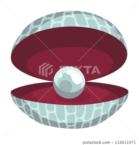 Pearl in seashell. Open seashell scallop and pearl shell icon. Beautiful pearl in clam shell in cartoon flat style. Vector illustration isolated on white background Pearl in seashell. Open seashell scallop and pearl shell icon. Beautiful pearl in clam shell in cartoon flat style. Vector illustration isolated on white background 118611071