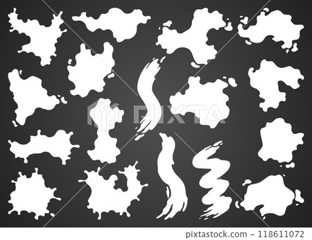 Paint blot icon set. Splashes set for design use. Grunge shapes collection. Dirty stains and silhouettes. White ink splashes on dark background 118611072