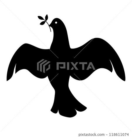Dove silhouette icon. Black shape of pigeon. Vector flying dove with olive branch on white background Dove silhouette icon. Black shape of pigeon. Vector flying dove with olive branch on white background 118611074